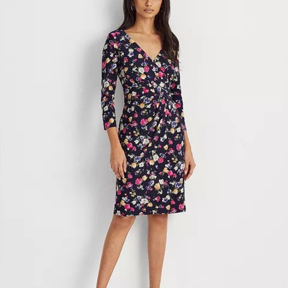 Lauren Ralph Lauren Navy Floral Surplice Sheath Dress 6P Ruched Waist Stretch - Picture 1 of 7
